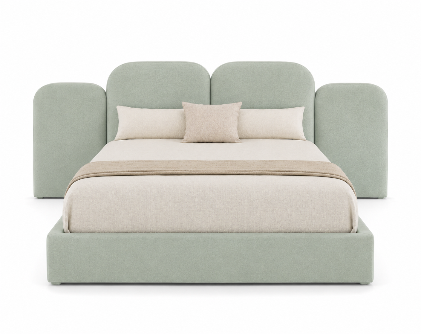 Cama Aurora estofada com cabeceira contemporânea e painéis laterais opcionais produzida em Portugal pela VILLA Interiores