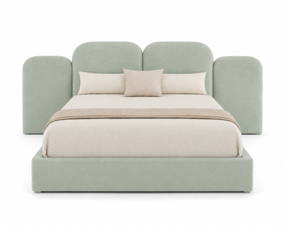 Cama Aurora estofada com cabeceira contemporânea e painéis laterais opcionais produzida em Portugal pela VILLA Interiores