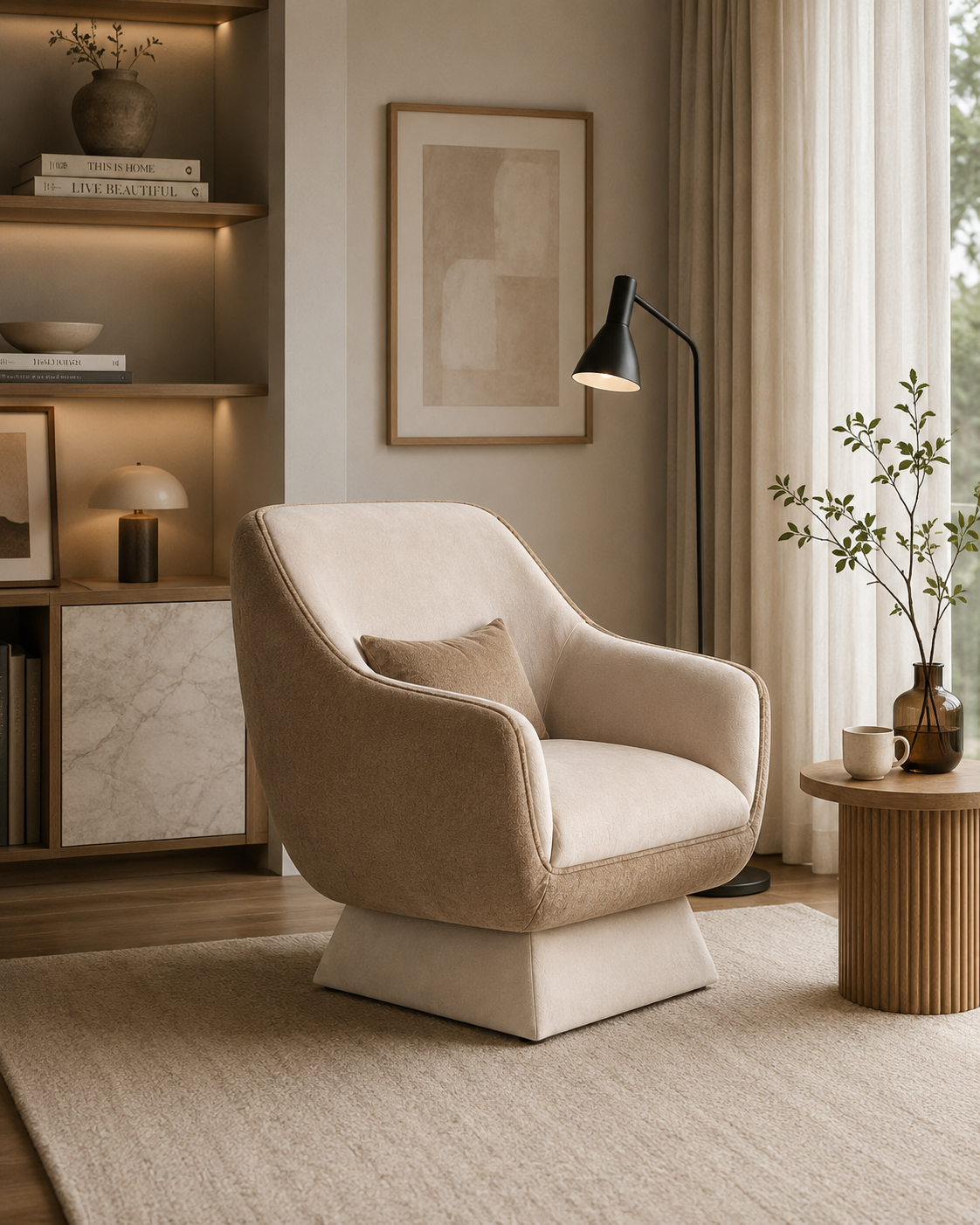Cadeirão Becca estofado com design envolvente e acabamentos personalizáveis produzido em Portugal