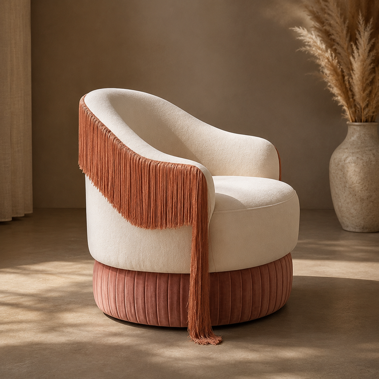 Cadeirão Rosita com franjas decorativas e estofos personalizáveis produzido em Portugal