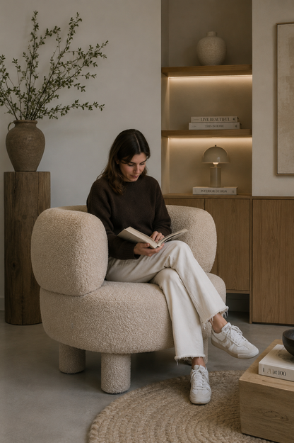 Cadeirão Tommy estofado com design orgânico e escultural produzido em Portugal pela VILLA Interiores