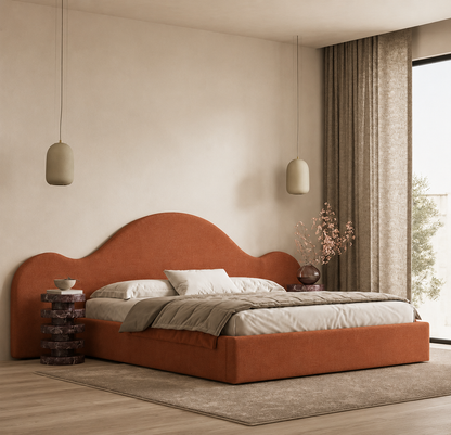 Cama Alba estofada com cabeceira orgânica produzida em Portugal pela VILLA Interiores