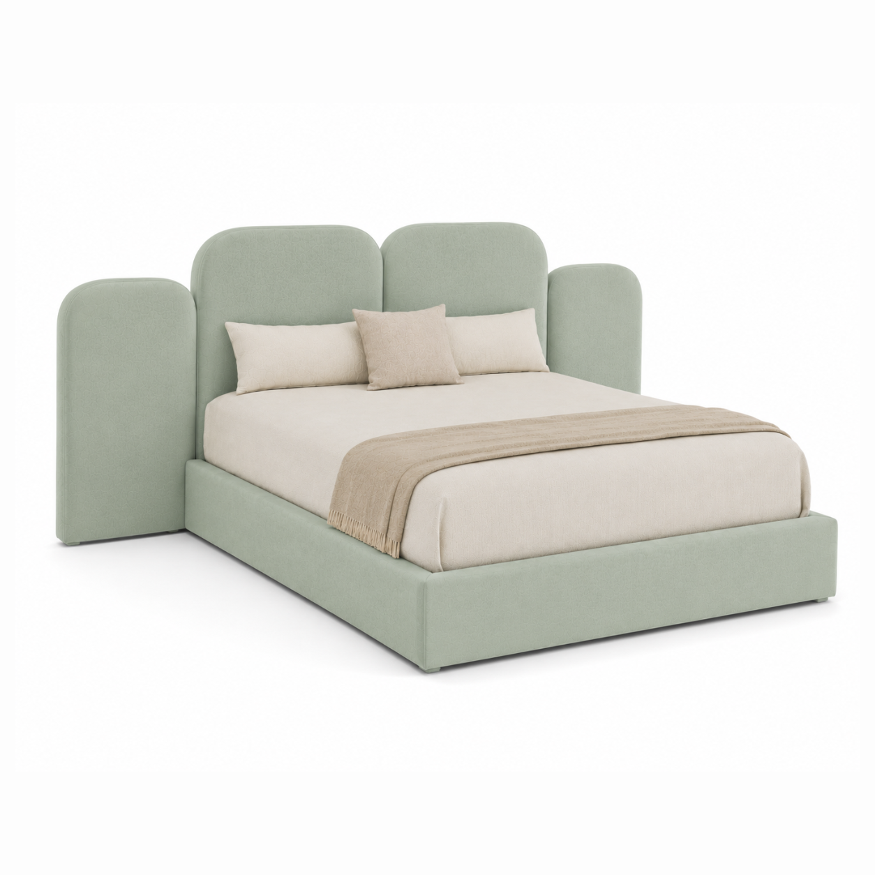 Cama Aurora estofada com cabeceira contemporânea e painéis laterais opcionais produzida em Portugal pela VILLA Interiores