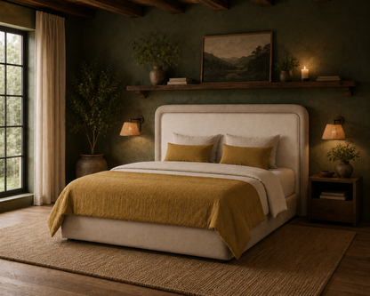 Cama Harlow estofada com cabeceira envolvente e rebordo decorativo produzida em Portugal pela VILLA Interiores
