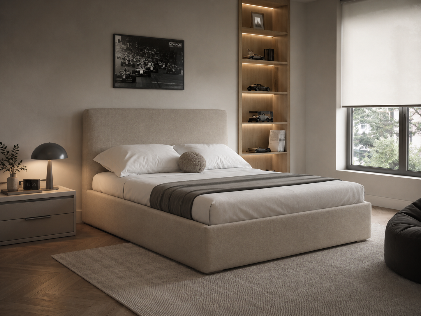 Cama Noa estofada com cabeceira ampla e design minimalista produzida em Portugal pela VILLA Interiores