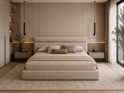 Cama Savoy estofada com cabeceira almofadada e detalhe cilíndrico produzida em Portugal pela VILLA Interiores