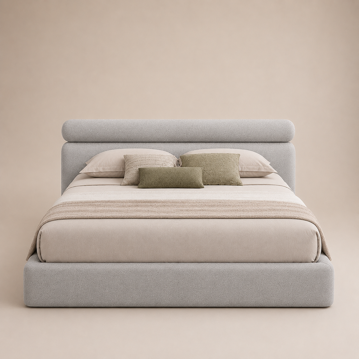 Cama Savoy estofada com cabeceira almofadada e detalhe cilíndrico produzida em Portugal pela VILLA Interiores