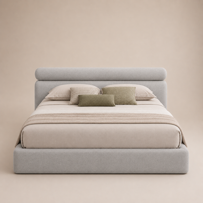 Cama Savoy estofada com cabeceira almofadada e detalhe cilíndrico produzida em Portugal pela VILLA Interiores