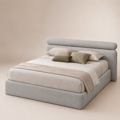 Cama Savoy estofada com cabeceira almofadada e detalhe cilíndrico produzida em Portugal pela VILLA Interiores