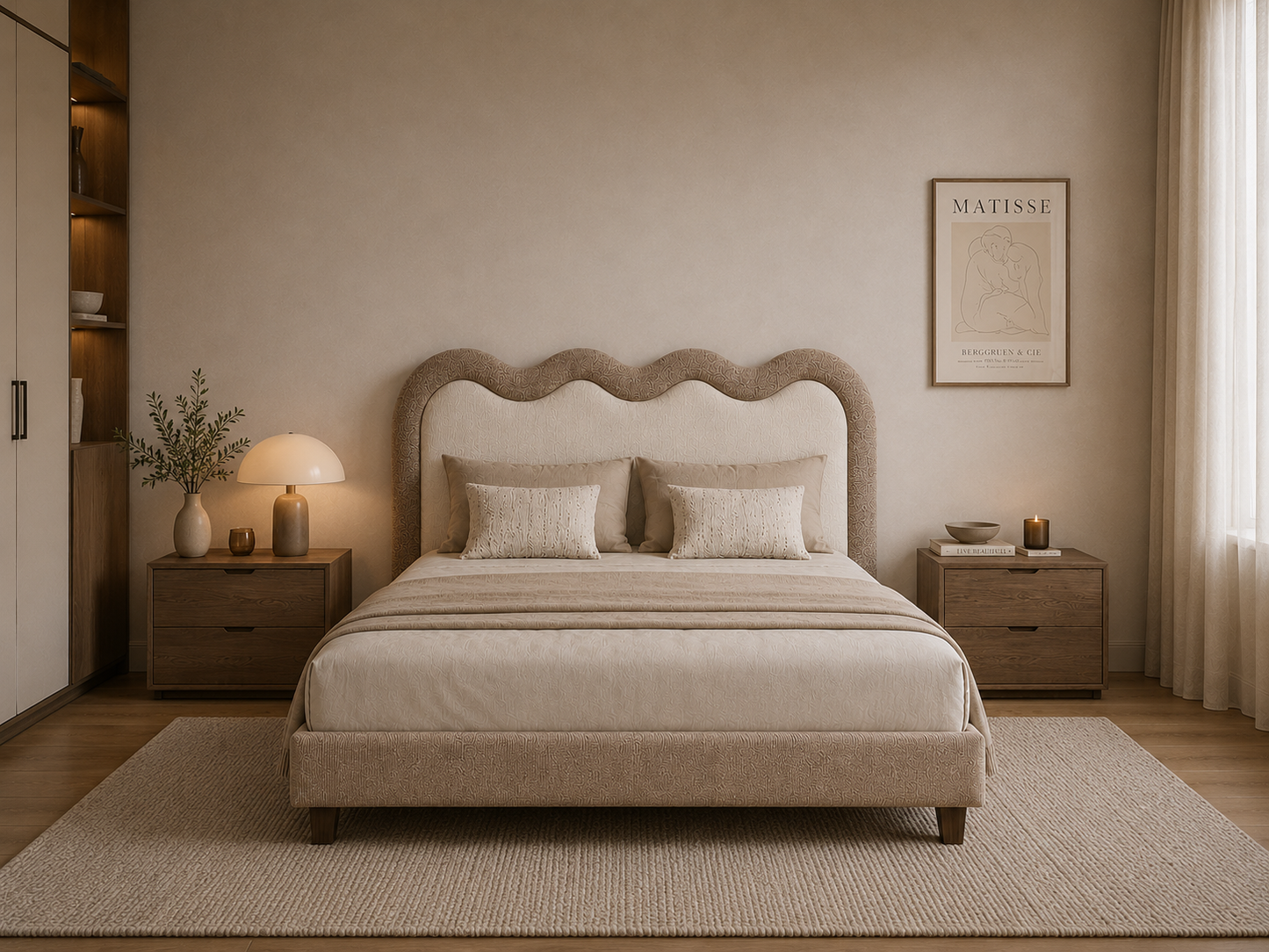 Cama Sienna estofada com cabeceira ondulada e detalhes elegantes produzida em Portugal pela VILLA Interiores