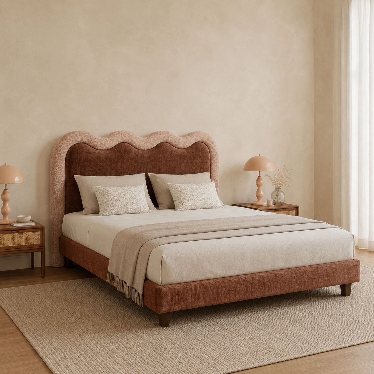 Cama Sienna estofada com cabeceira ondulada e detalhes elegantes produzida em Portugal pela VILLA Interiores