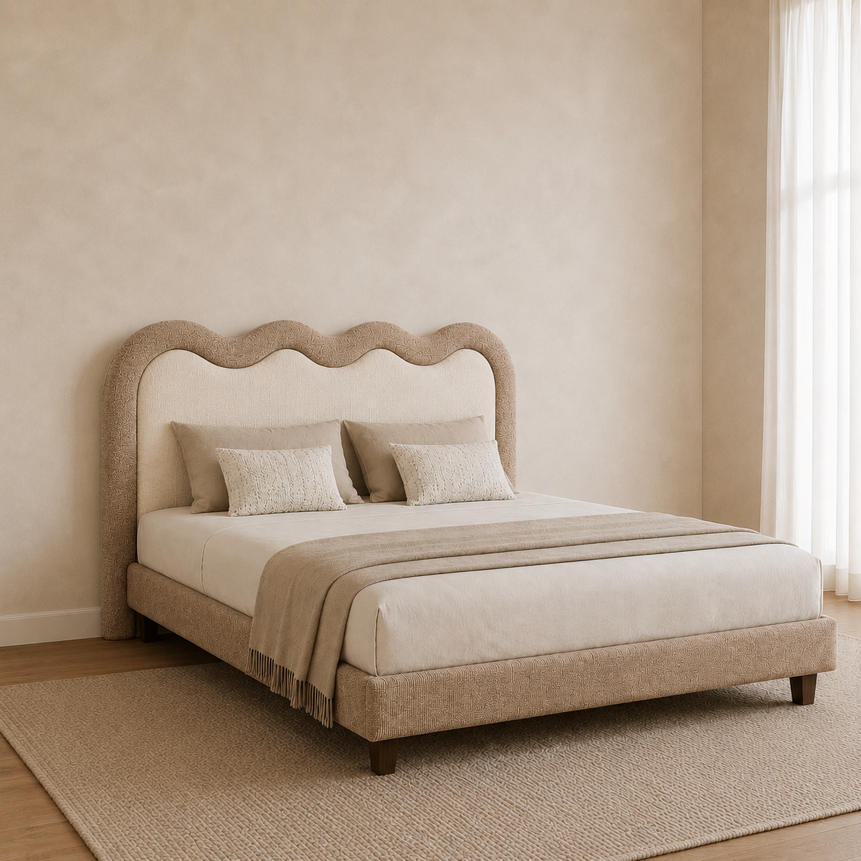 Cama Sienna estofada com cabeceira ondulada e detalhes elegantes produzida em Portugal pela VILLA Interiores