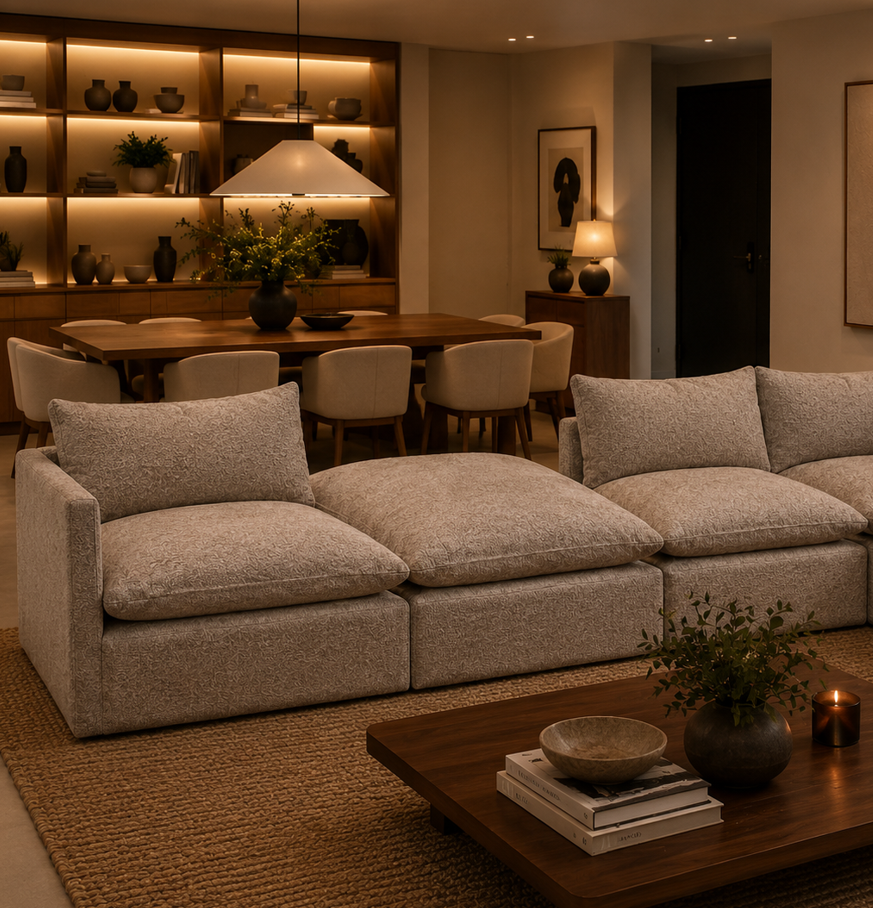 Sofá Modular Elliot em tecido bege, com chaise longue e design contemporâneo, produzido em Portugal pela VILLA Interiores.