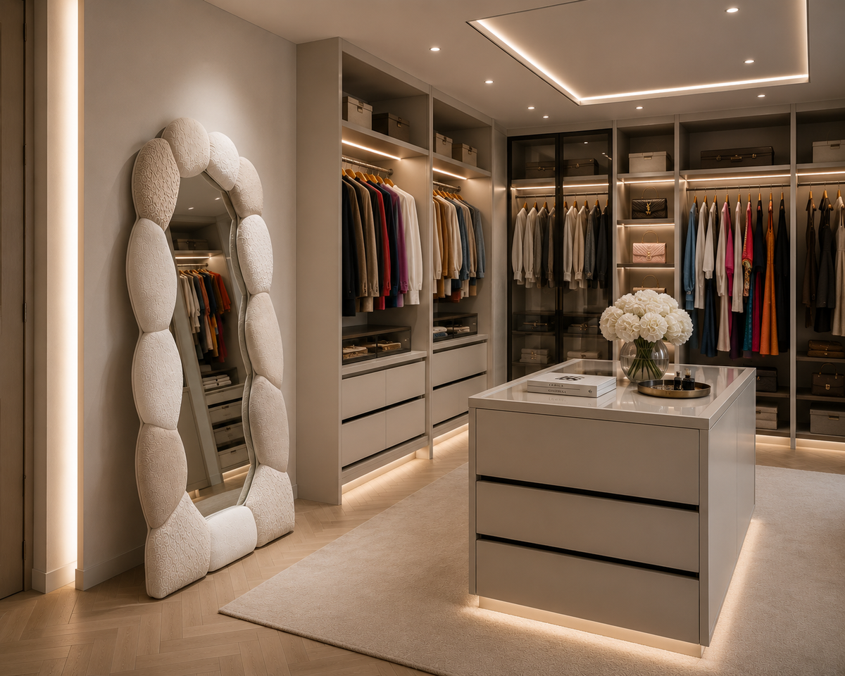 Espelho Geo integrado num closet de luxo com iluminação ambiente