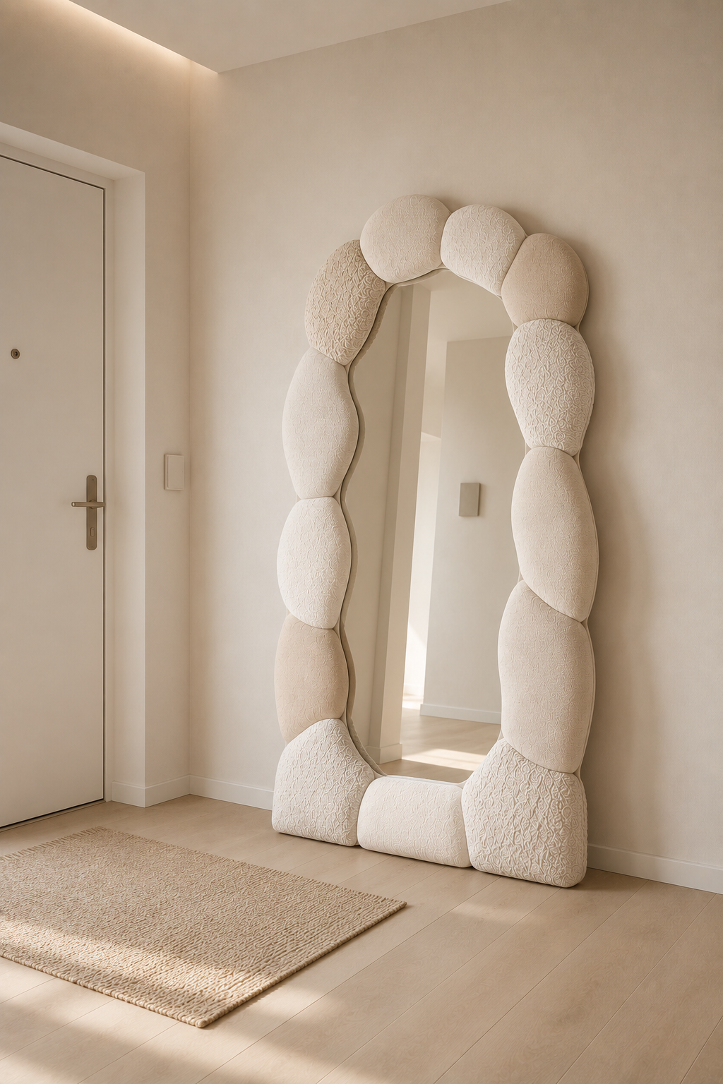 Espelho Geo decorativo colocado numa entrada contemporânea e elegante