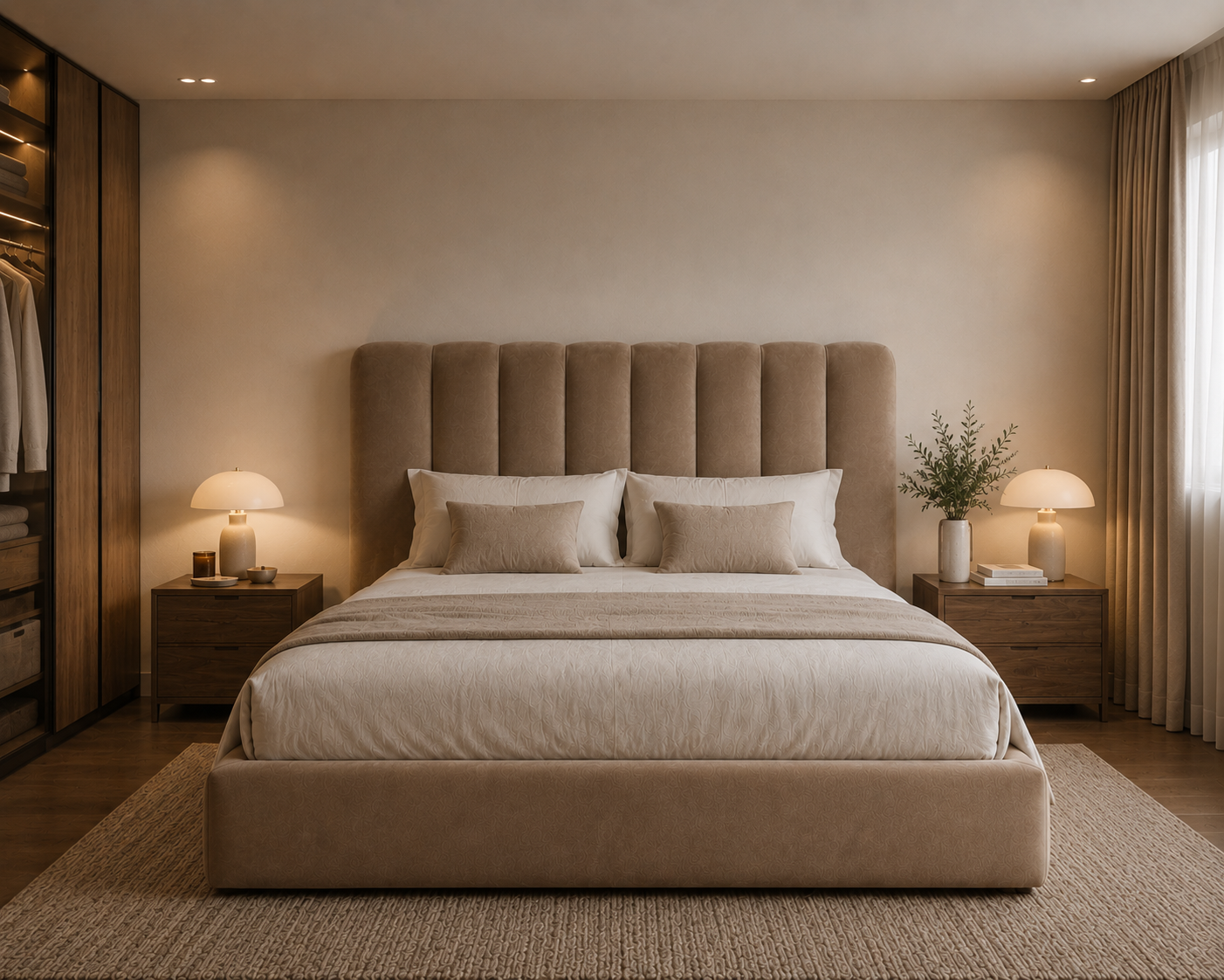Cama Luna estofada com cabeceira vertical acolchoada produzida em Portugal pela VILLA Interiores