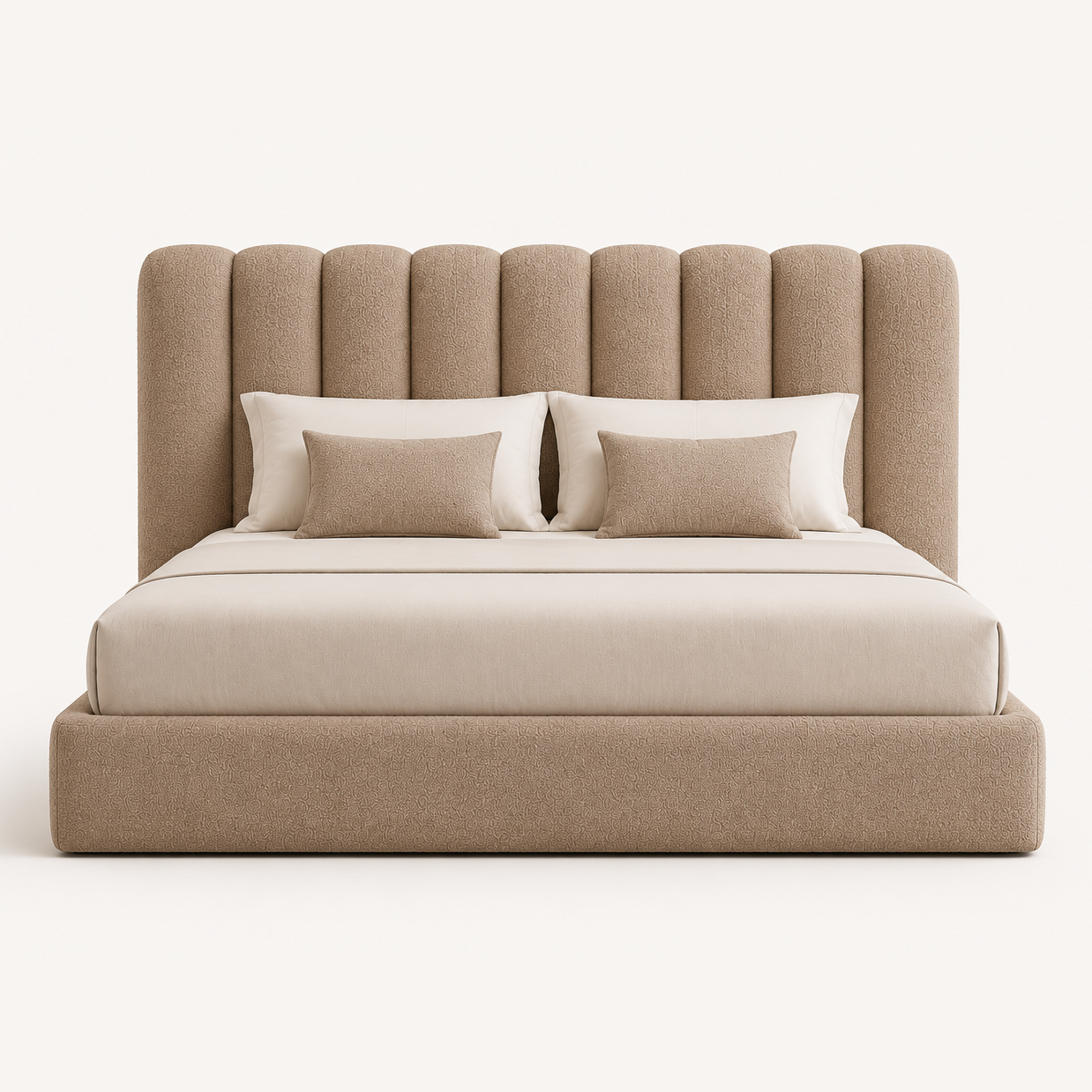 Cama Luna estofada com cabeceira vertical acolchoada produzida em Portugal pela VILLA Interiores