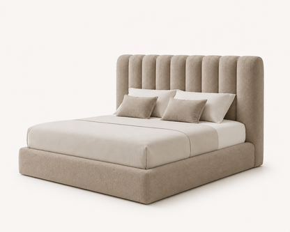 Cama Luna estofada com cabeceira vertical acolchoada produzida em Portugal pela VILLA Interiores