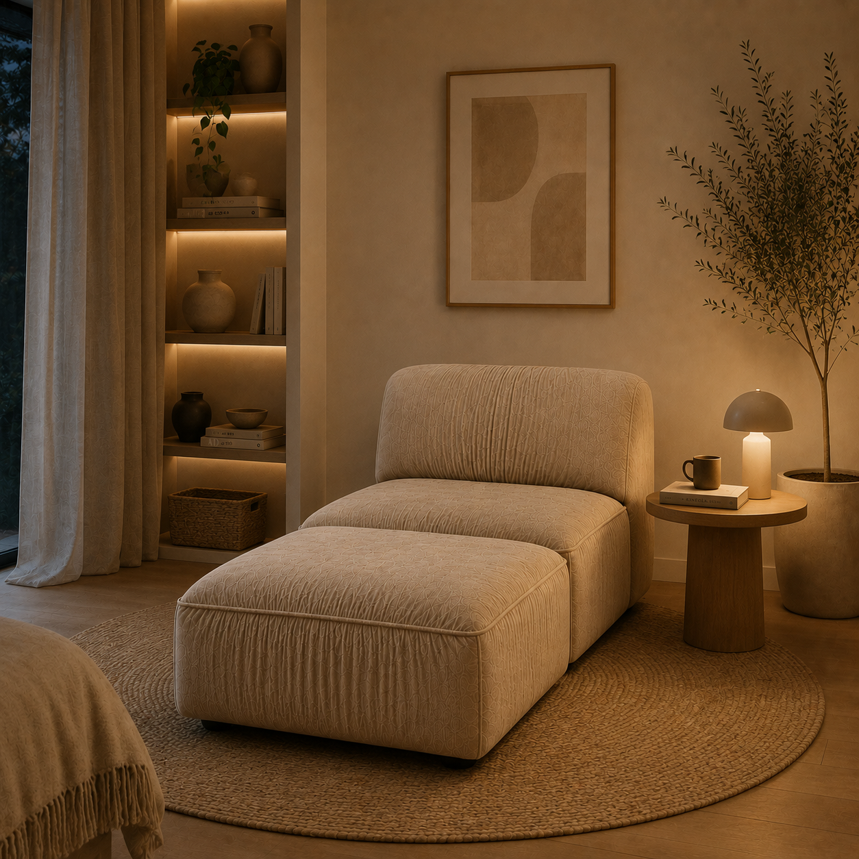 Sofá Salvador modular com chaise longue em tecido bege claro da VILLA Interiores